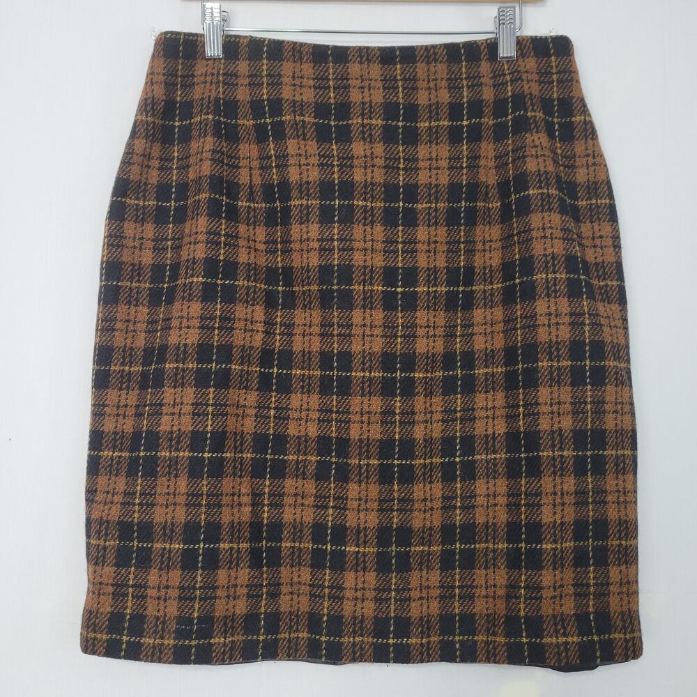 Vintage 100% Pure Wool Plaid Skirt sz 14 Brown Black Dark Academia Heritage USA